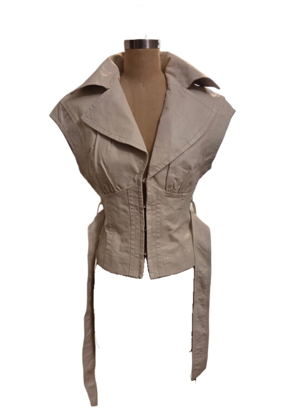 Arden B Cream Sleeveless  Leather Matching Belt Tie-Detail Waist Jacket